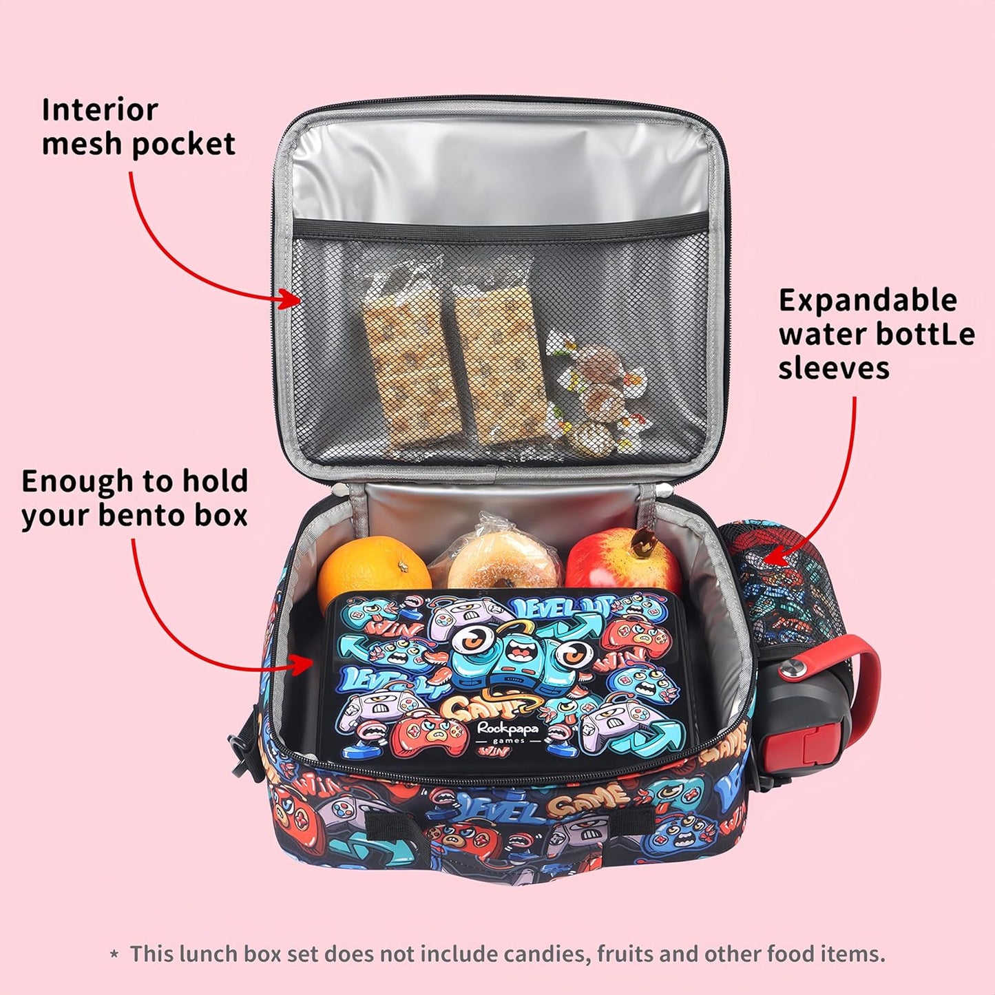rockpapa Chill Kids Lunch Box Set with Leakproof 5.5 Cups Bento Box, Reusable Ice Pack, 14oz Insulated Water Bottle & Lunch Bag, BPA-Free Microwave Safe for School Boys Girls (Black Games)