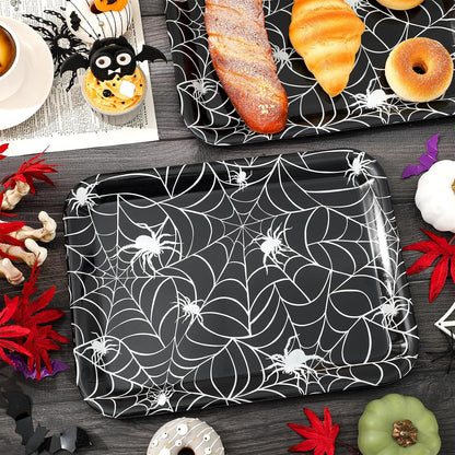 Whaline 3 Pcs Halloween Serving Trays Black White Spider Webs Reusable Melamine Trays Platters for Movie Night Birthday Holiday Party Food Supplies, 10 x 13 Inch