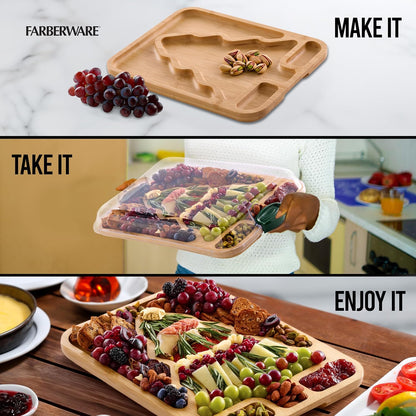 Farberware Build-A-Board Bamboo Cutting Board with Built-In Compartments & Clear Locking Lid, Black Handles, Charcuterie, Snack Tray, Food Prep and Serving Platter