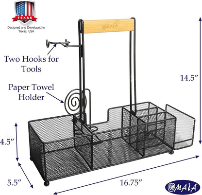 OMAIA BBQ and Grill Caddy with Paper Towel Holder, Wood Handle & 2 Hooks – Camper Accessories Condiment Caddy – Plates, Cutlery and BBQ Organizer for Camping Outdoor, RV - US Patent Pending
