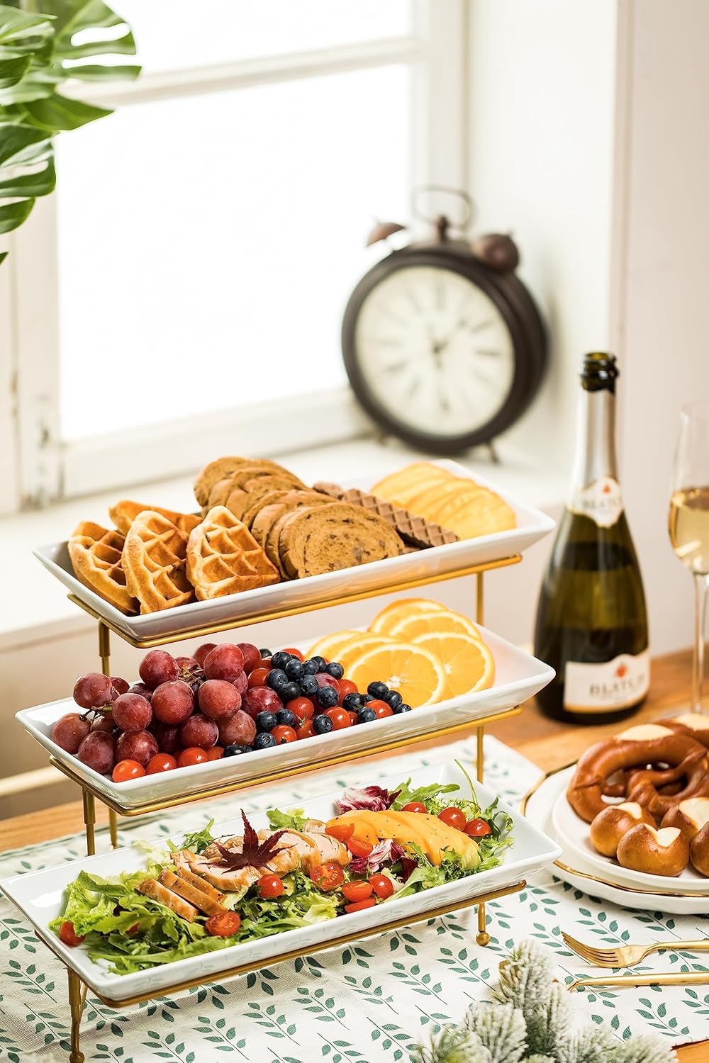 LAUCHUH 3 Tier Serving Tray, Porcelain Serving Platter Tier Serving Stand with Collapsible Sturdier Rack, Serving Trays and Platters Dessert Party Display Set for Father's Day, Gold, 12 Inch