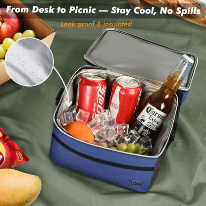 Tirrinia Reusable Lunch Box for Men Women, Insulated Lunch Bag Adult Work, Double Decker Leakproof Lunchbox for Office Picnic Beach—Dual Compartment Lunch Cooler Bag