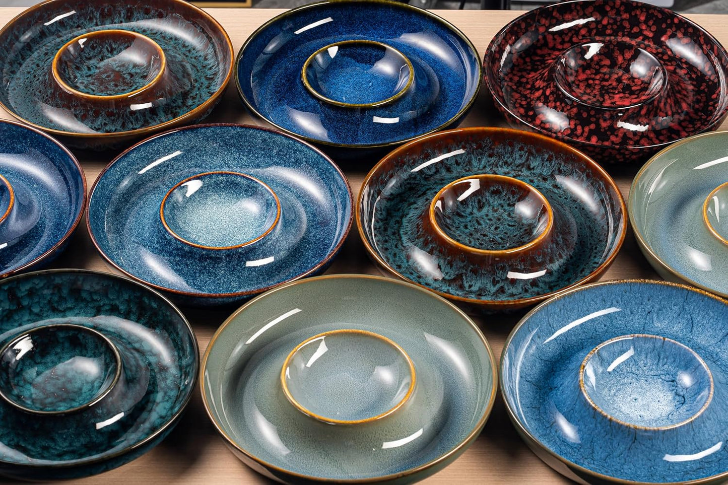 Ceramic Chips and Dip Serving Tray - Large Divided Party Bowl Set for Salsa, Veggies, Fruit & Snacks - Modern Minimalist Appetizer Platter with Unique Kiln-Change Glaze (Verdigris Green)