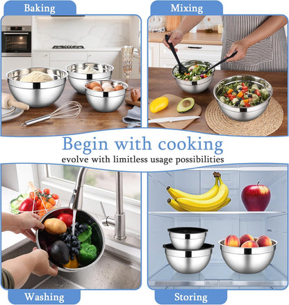 LIANYU Mixing Bowls with Airtight Lids Sets, 3 Packs Stainless Steel Metal Mixing Bowls, Ideal for Prepping, Cooking, Storage, Serving, Freezer & Dishwasher Safe, Khaki