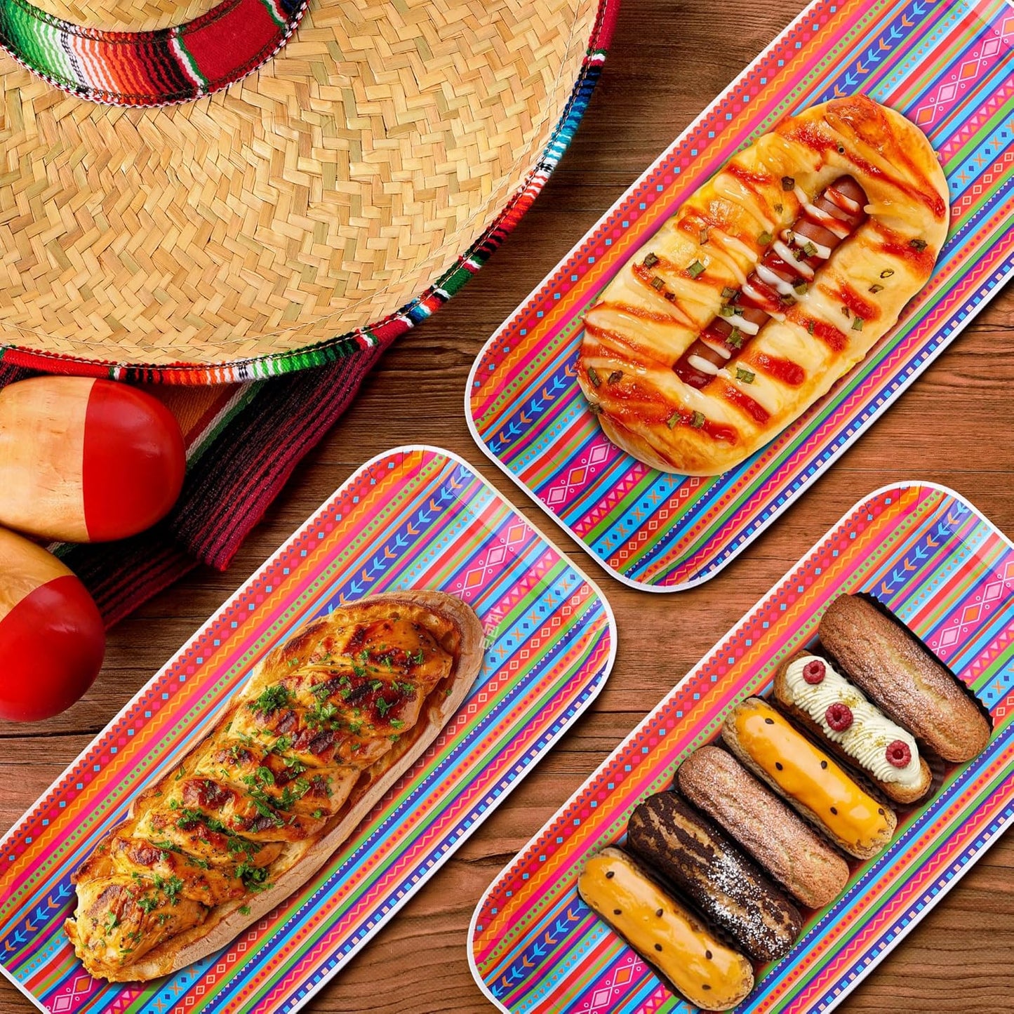 Wehhbtye 48 Pcs Mexican Food Serving Trays, Small Size 10.6'' x5'' Cinco De Mayo Paper Serving Platter, Colorful Striped Mexican Fiesta Plates for Single Taco Nacho Snack Themed Party Supplies