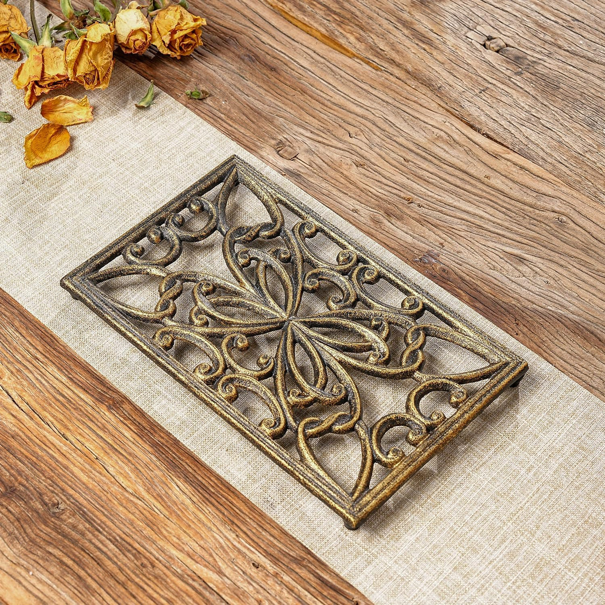 Sungmor 2 Pack Gold Cast Iron Trivets, Rectangle Ornate Scrollwork Trivets
