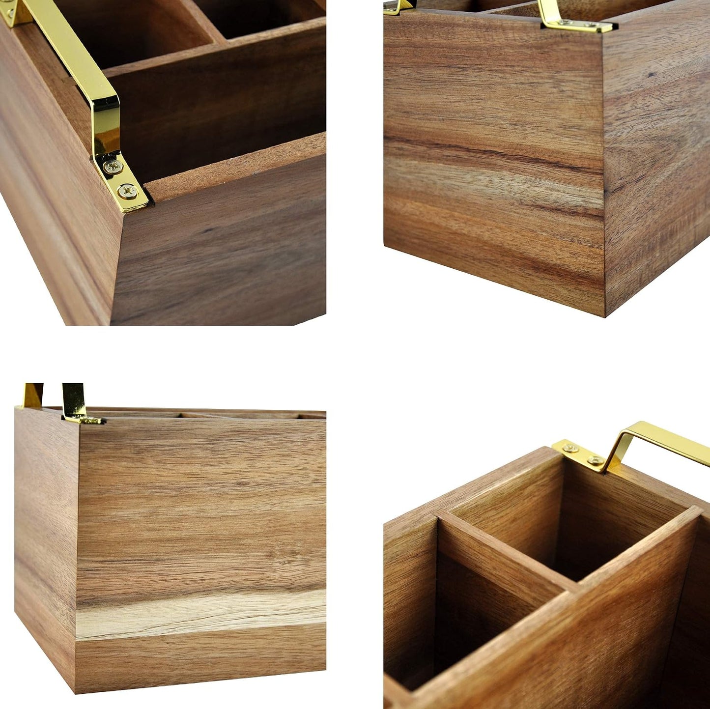 Acacia Wood Flatware Caddy - 4 Compartment Silverware Utensil Holder with Golden Metal Handles - 10" W x 6" D x 6.5" H, 2 lbs