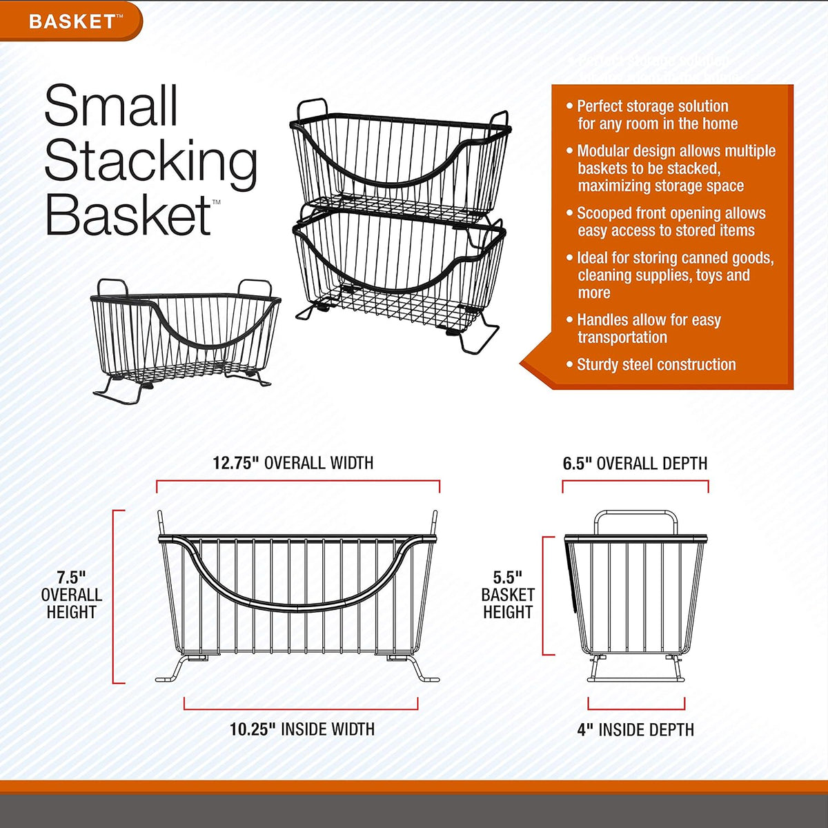 Spectrum Ashley Large Stackable Wire Baskets for Pantry & Kitchen Counter Organizer, Stacking Fruit Basket Wire Bin with Raised Feet & Handles for Vegetable Fruit Potato Onion Storage, Satin Nickel