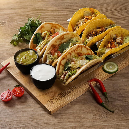 Tortillada - Taco Holders Set of 2 / Taco Holder Stainless Steel with Wooden Serving Tray incl. 2 Ceramic Dip Bowls + Recipe Book