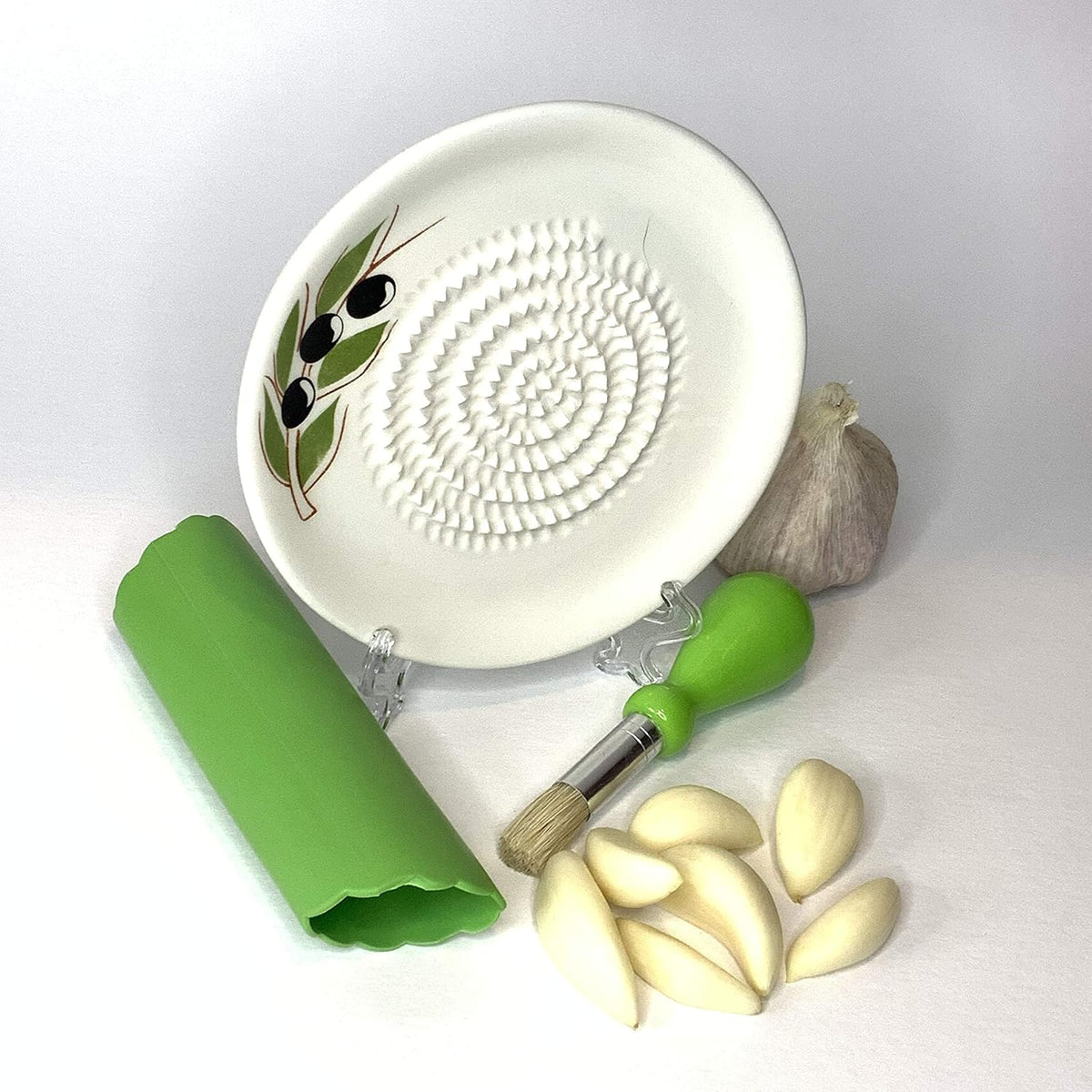 BonCera, Premium Ceramic Garlic Grater Plate Set - White Olive
