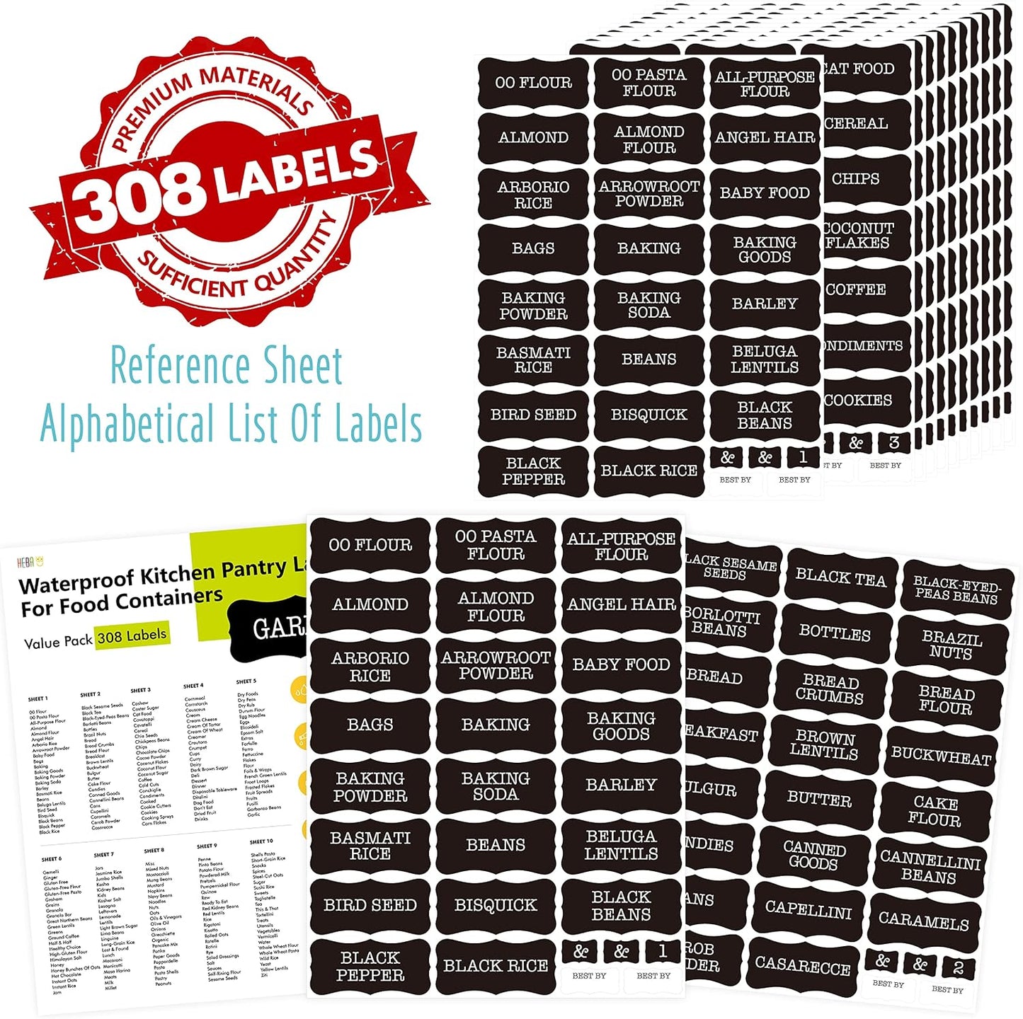 Hebayy 308 Pantry Food Labels, 280 Preprinted Flour Pasta Lentil Grain Condiment Oil Stickers, 28 Blank Ones, Waterproof Oil&Tear Resistant, No Residue for Kitchen Containers Jars(White on Black)