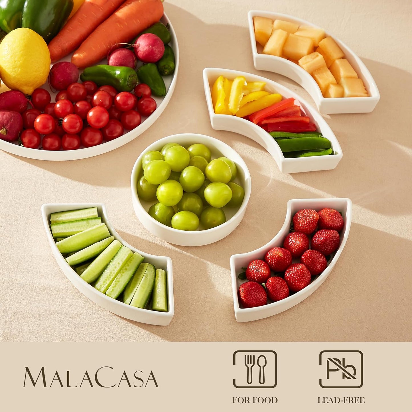 MALACASA Porcelain Divided Serving Dishes, Appetizers Tray, Serving Tray for Party - Perfect for Chips and Dip, Fruit, Veggies, Candy and Snacks, Divided Serving Platter, Relish Tray, White
