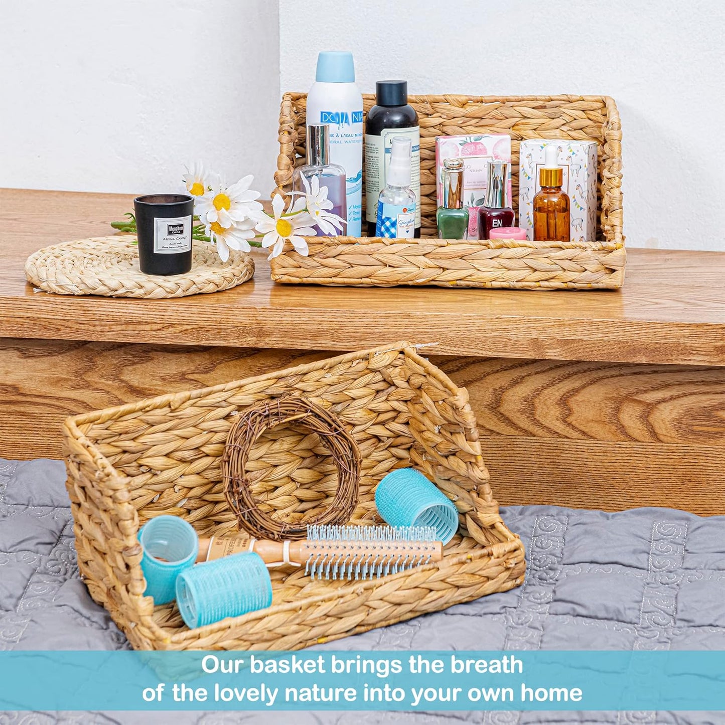 VATIMA Water Hyacinth Storage Baskets with Large Open-Front for Kitchen, Decorative for Living Room, 13.4” x 9.5” x 5.5”, 2 Pack
