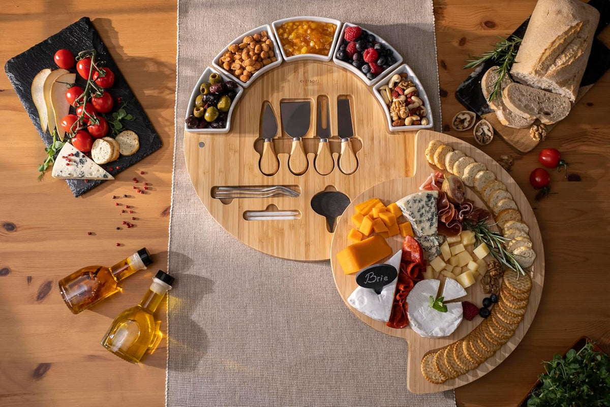 ChefSofi Charcuterie Board Set and Cheese Serving Platter - Made from Bamboo Wood - US Patented 13 inch Cheese Board and Knife Set for Entertaining and Serving - 4 Knives and 4 Bowls