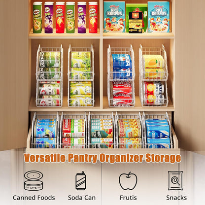 Sonyabecca 4-Pack Stackable Canned Food Organizer with Handles, Soda Can Organizer for Kitchen Pantry Shelves, Foldable Wire Cabinet Shelf for Can Storage, Patent Pending, Black