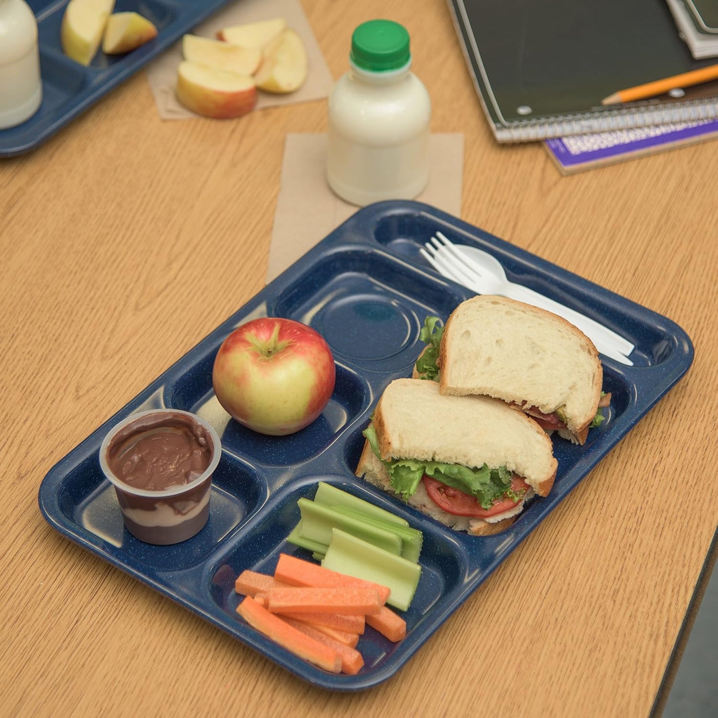 Carlisle FoodService Products Melamine Lunch Tray with 4 Compartments, Right Handed Cafeteria Tray with Divided Compartments for Food, 10" x 9.75", Dark Blue