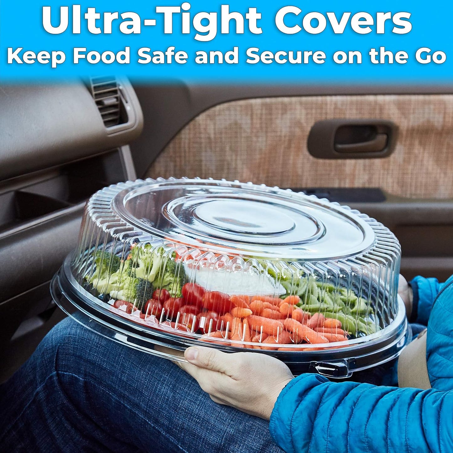 Avant Grub Heavy Duty, Recyclable 12 in. Serving Tray and Lid 5pk. Large, Black Plastic Party Platters with Clear Lids Dishware Plate, Elegant Round Banquet or Catering Trays for Serving Appetizers