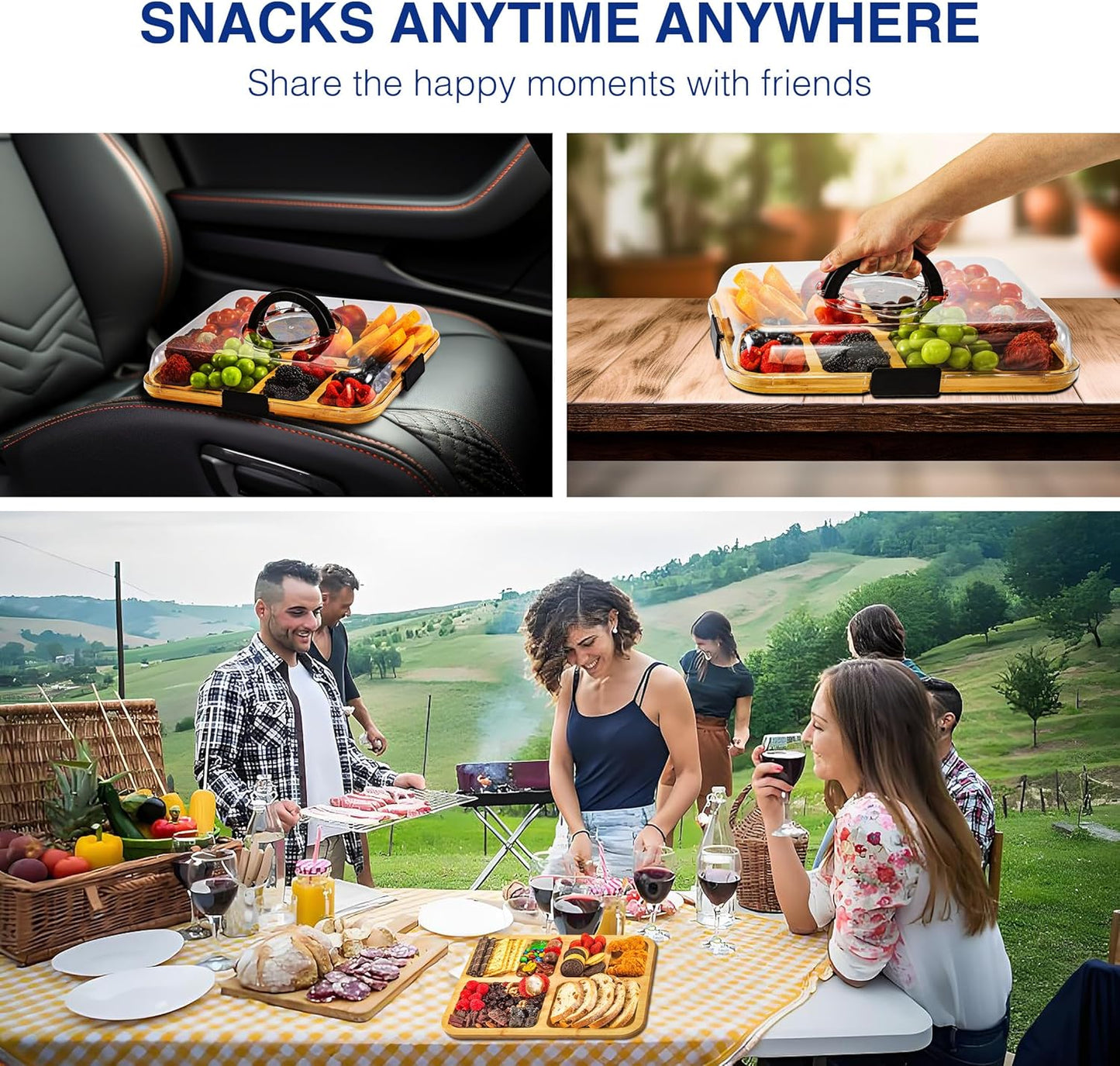 Charcuterie Board with Clear Lid, Portable 6-Compartment Cheese & Snack Tray, Reversible Bamboo Cutting Board, Secure Latch Closure for Picnics, Parties & Light Travel, Housewarming Gift