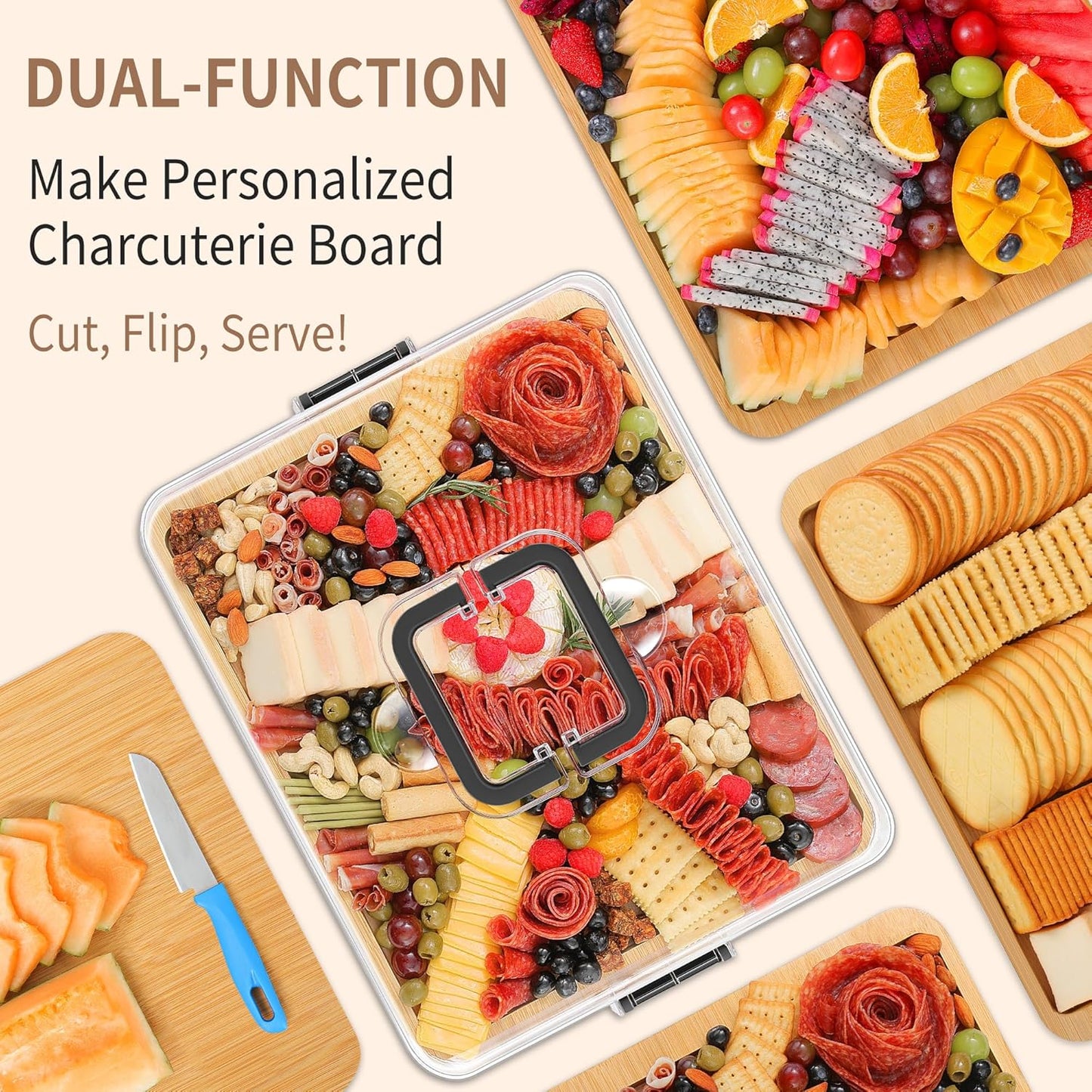 CAWIU Portable Travel Charcuterie Board with Lid and Handle - Large Bamboo Cheese Board with 4 Cheese Knife Set for Outdoor, Picnics - Weddings, House Warming Gift for Women (1 Compartment, White)