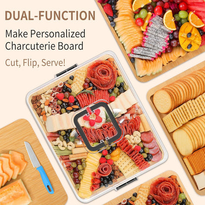 CAWIU Portable Travel Charcuterie Board with Lid and Handle - Large Bamboo Cheese Board with 4 Cheese Knife Set for Outdoor, Picnics - Weddings, House Warming Gift for Women (1 Compartment, White)