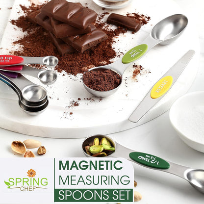 Spring Chef Stainless Steel Magnetic Measuring Spoons Set with Strong N45 Magnets, Heavy Duty Metal Kitchen Gadgets for Baking & Cooking, Fits in Most Kitchen Spice Jars, Set of 8 with Leveler, Black