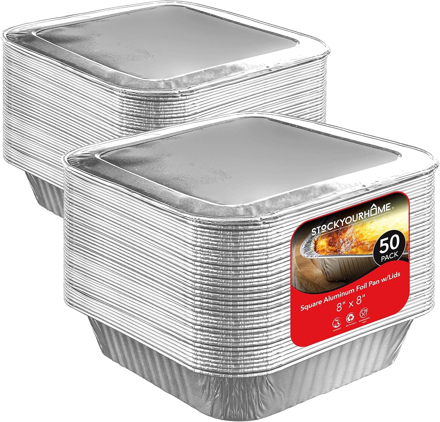 Stock Your Home Aluminum Pans 8x8 Disposable Foil Pans (20 Pack) - 8 Inch Square Pans - Tin Foil Pans Great for Cooking, Heating, Storing, Prepping Food