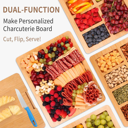 CAWIU Portable Travel Charcuterie Board with Lid and Handle - Large Bamboo Cheese Board with 4 Cheese Knife Set for Outdoor, Picnics - Weddings, House Warming Gift for Women (1 Compartment, White)