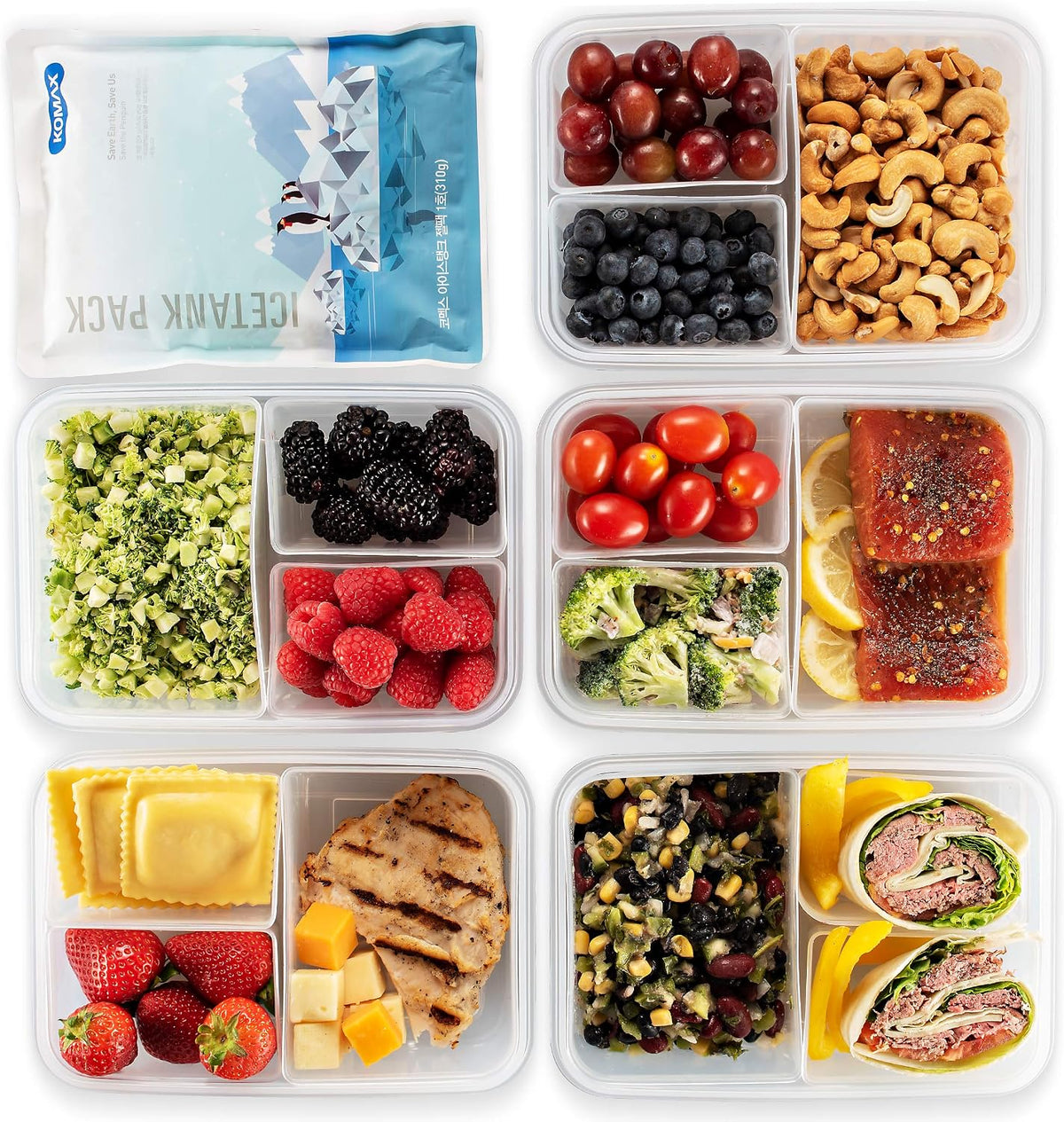 Komax Biokips Set of 5 Lunch Containers – 3 Compartment Food Container for Meal Prep, Portion Control – Microwave & Dishwasher Safe Bento Box Adult Lunch Container w/Locking Lid (37 oz)