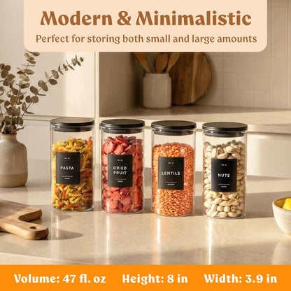 EDELHAUS 2x Large Glass Storage Containers with Airtight Black Lids [135oz/4000ml] | Extra Thick Glass Canisters for Pantry + 63 Labels | Flour Rice Cereal Sugar Coffee Beans Tea