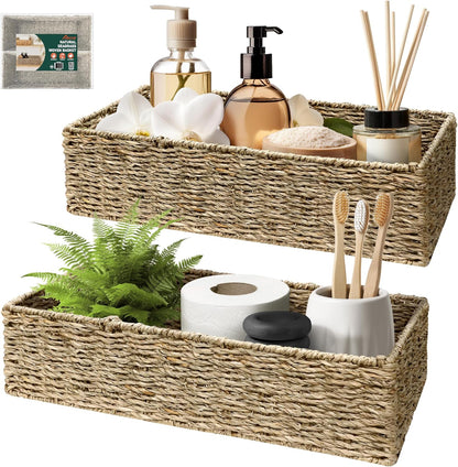 2-Pack Handwoven Water Hyacinth Storage Baskets with Handles, Wicker Bins for Pantry Organization, Shelf or Closet Organizer, Decorative Boho Rectangular Basket 13.5" x 8"