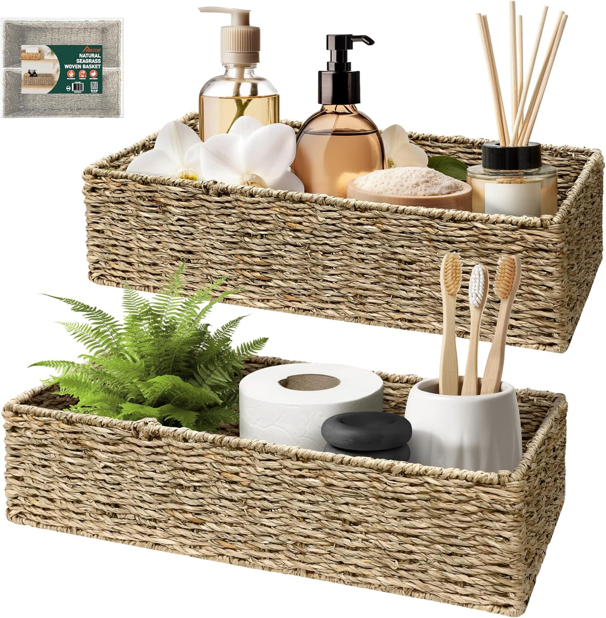 2-Pack Handwoven Water Hyacinth Storage Baskets with Handles, Wicker Bins for Pantry Organization, Shelf or Closet Organizer, Decorative Boho Rectangular Basket 13.5" x 8"