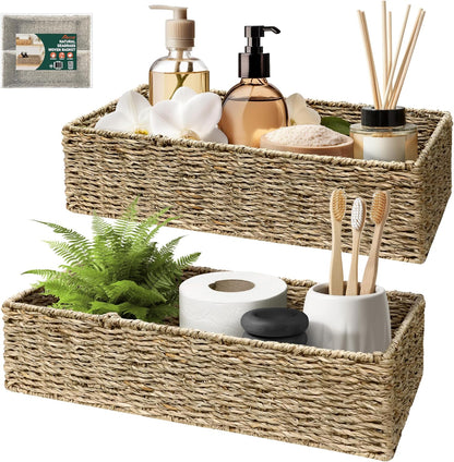 2-Pack Handwoven Water Hyacinth Storage Baskets with Handles, Wicker Bins for Pantry Organization, Shelf or Closet Organizer, Decorative Boho Rectangular Basket 13.5" x 8"
