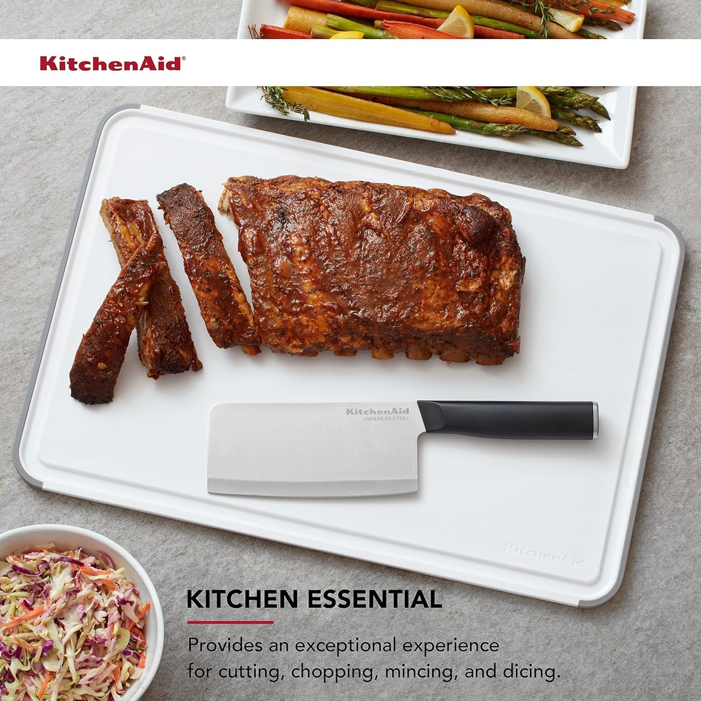 KitchenAid Classic Plastic Cutting Board with Perimeter Trench and Non Slip Edges, Dishwasher Safe, 12 inch x 18 inch, Gray