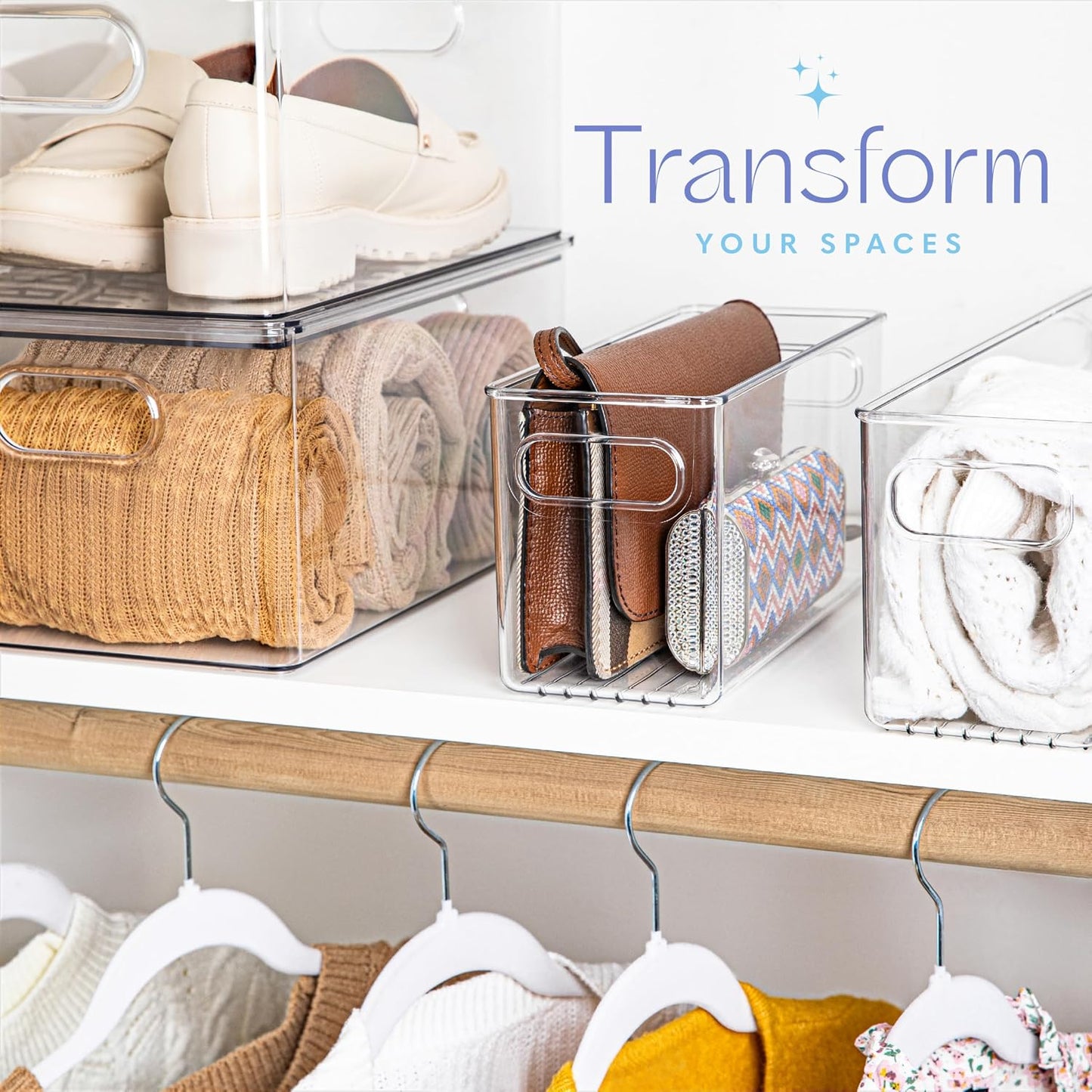 Plastic Food Storage 4 Pack Clear Container Bin with Handles for Organizing Kitchen, Pantry, Refrigerator, Freezer, Pantry, Cabinet, Closet, Bathroom. Stackable 10”x6”x3”