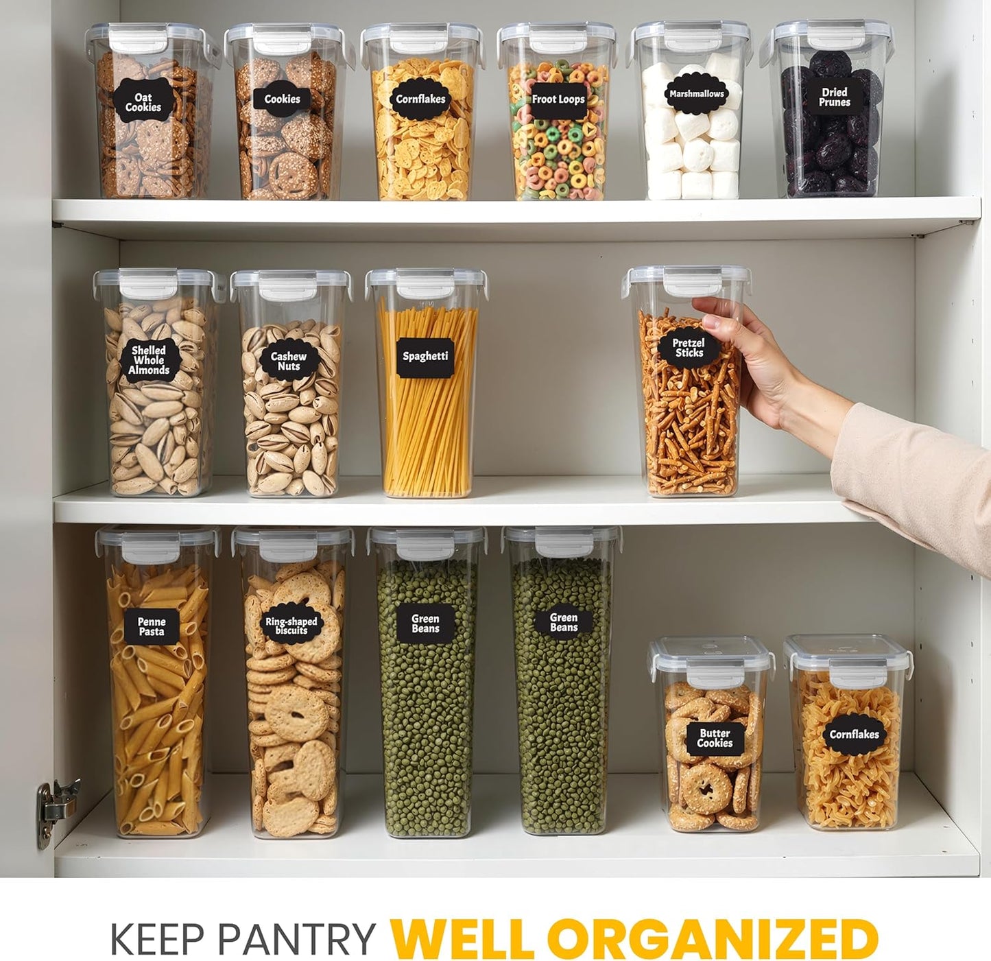 KICHLY Plastic Airtight Food Storage Containers Sets with Lids – 24 Pack BPA-Free Kitchen Pantry Organizers and Storage for Cereal, Flour, Sugar & Dry Food (Clear)