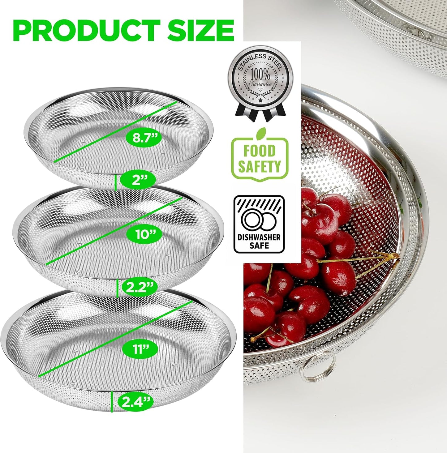 Premium 18/8 304 Stainless Steel Micro-Perforated Small and Big Colander Set of 4 with rings - 3.5-5.5-7.5-9.5 Quart Set, Self-Draining Solid Base for Pasta, Fruits, Vegetables