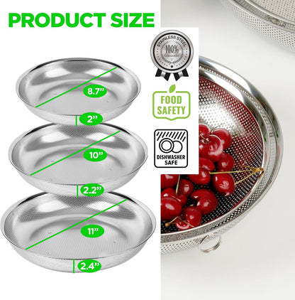 Premium 18/8 304 Stainless Steel Micro-Perforated Small and Big Colander Set of 4 with rings - 3.5-5.5-7.5-9.5 Quart Set, Self-Draining Solid Base for Pasta, Fruits, Vegetables