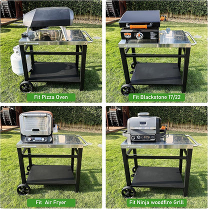 Upgraded Pizza Oven Cart Table for Ooni Koda/Karu/Fyra 16 & 12, Movable Thicken & Widen Rolling Kitchen Cart, Outdoor Grill Stand for Ninja Woodfire,Blackstone Griddle,Barbecue Tool Set