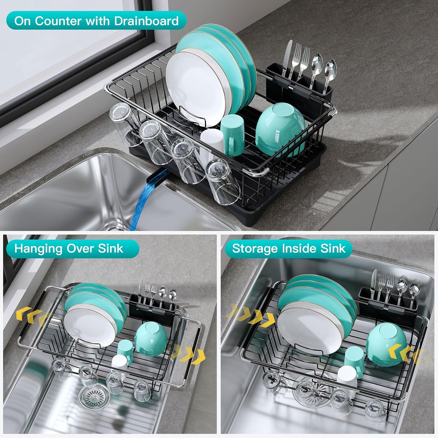 JASIWAY Dish Drying Rack in Sink, Expandable Stainless Steel Dish Drainers for Kitchen Counter, Dish Dryer Rack for Inside Sink, Over The Sink Dish Racks with Utensil Holder, Silver