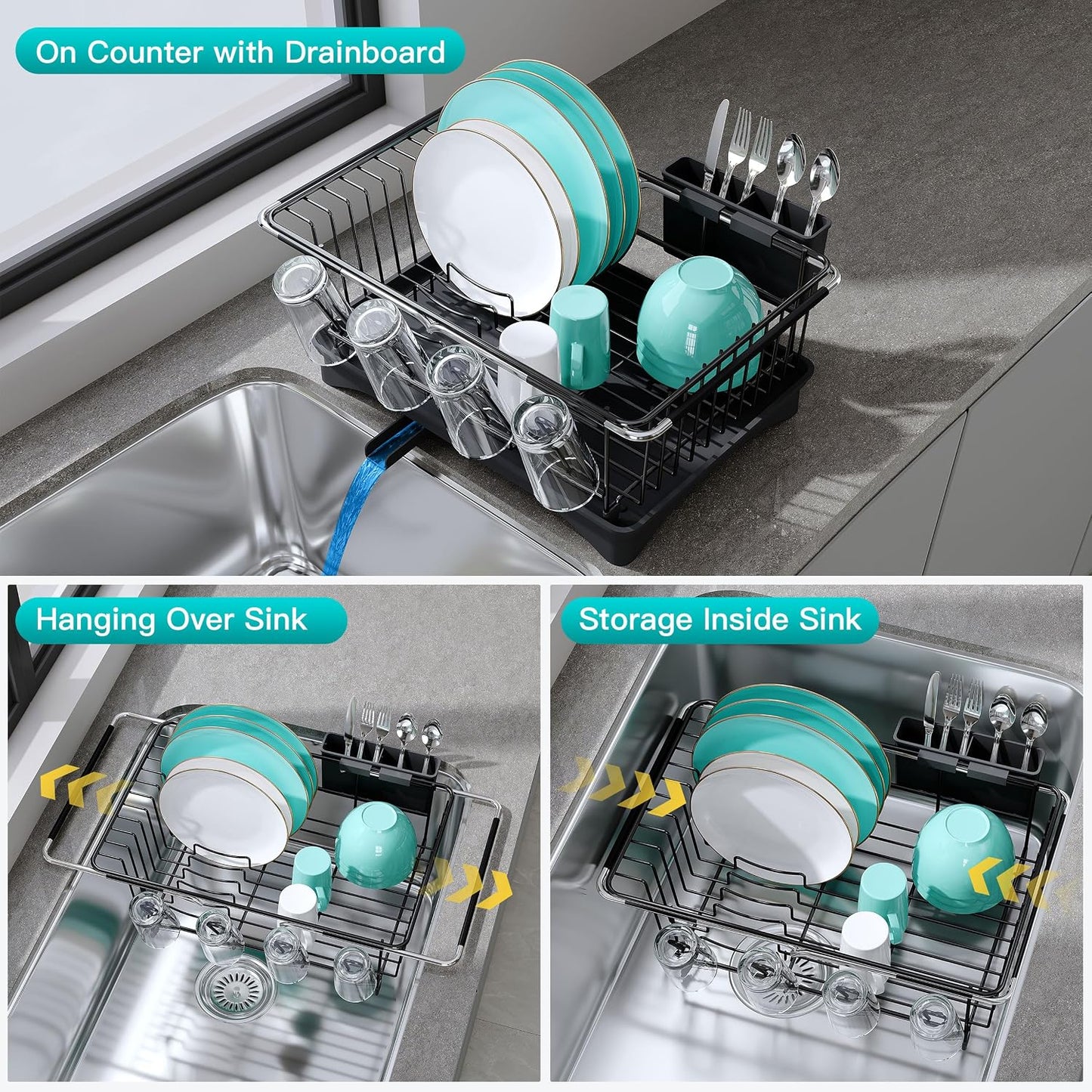 JASIWAY Dish Drying Rack in Sink, Dish Drainer with Cup and Utensil Holder