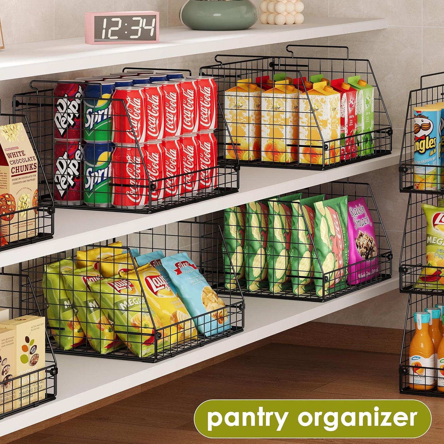 Jakyitvi 4 Pack XXL Stackable Wire Storage Basket, Extra Large Capacity Pantry Organizer and Storage, Muti-Purpose for Vegetable Fruit Basket & Can Organizer & Snack Rack & Metal Pantry Bin