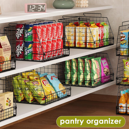 Jakyitvi 4 Pack XXL Stackable Wire Storage Basket, Extra Large Capacity Pantry Organizer and Storage, Muti-Purpose for Vegetable Fruit Basket & Can Organizer & Snack Rack & Metal Pantry Bin