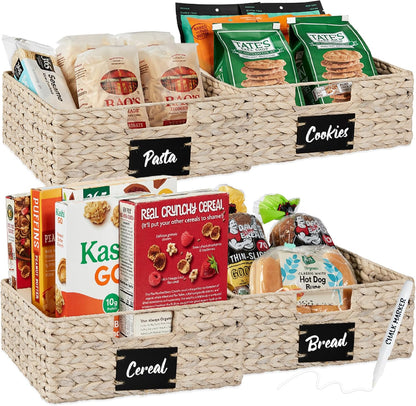 Best Choice Products Set of 4 9x12in Water Hyacinth Pantry Baskets, Woven Organizers w/Chalkboard Label, Chalk Marker - Natural