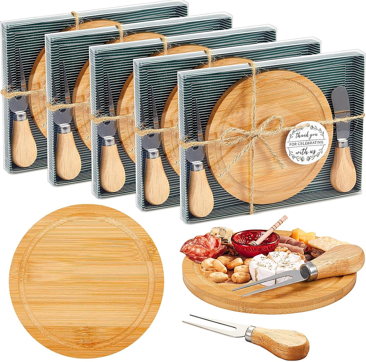 Maxcheck 6 Sets Baby Shower Bridal Game Prizes for Winners Round Cheese Board Set Wood Mini Charcuterie Board with Knives and Forks Thank You Card with Gift Box for Guests Wedding (Bamboo)