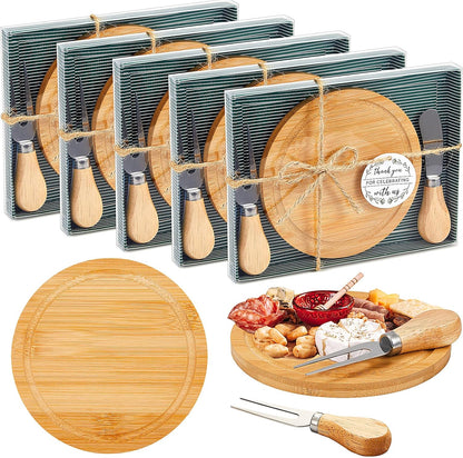 Maxcheck 6 Sets Baby Shower Bridal Game Prizes for Winners Round Cheese Board Set Wood Mini Charcuterie Board with Knives and Forks Thank You Card with Gift Box for Guests Wedding (Bamboo)