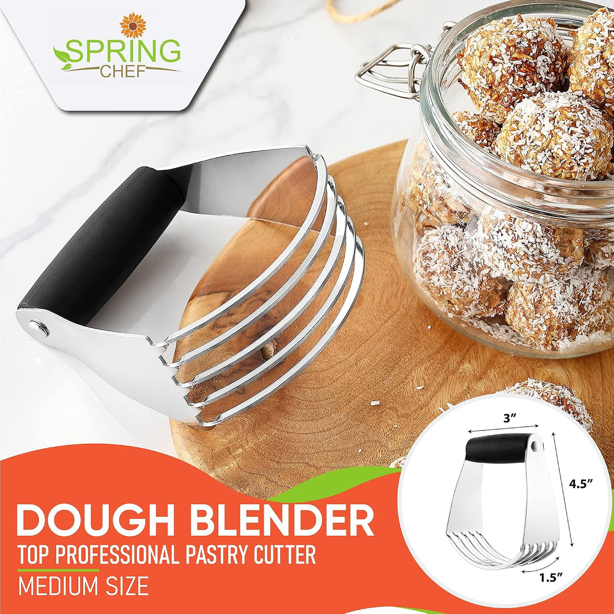Spring Chef Large Dough Blender For Baking - Durable Pastry Blender - Black