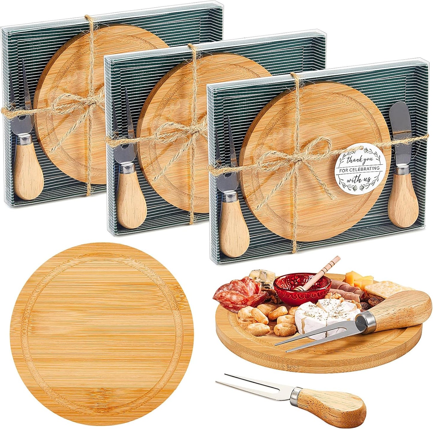 Maxcheck 6 Sets Baby Shower Bridal Game Prizes for Winners Round Cheese Board Set Wood Mini Charcuterie Board with Knives and Forks Thank You Card with Gift Box for Guests Wedding (Bamboo)
