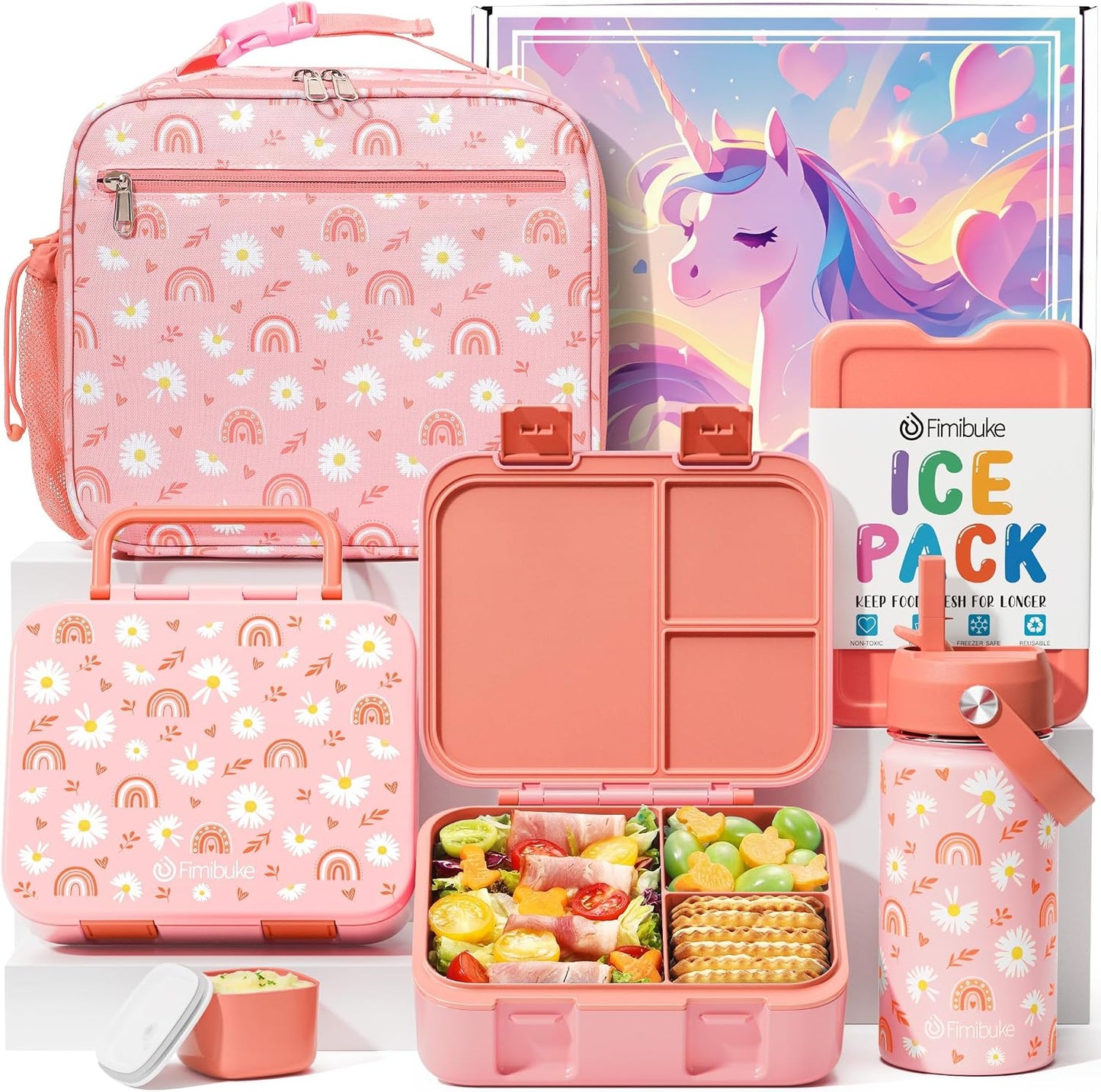 Fimibuke Bento Lunch Box for Kids - Toddler Snack Bento Box Container with 3 Compartments, Stainless Steel Water Bottle, Insulated Lunch Bag, Ice Pack Set for Ages 3-12 Girl Boy Daycare Back to School