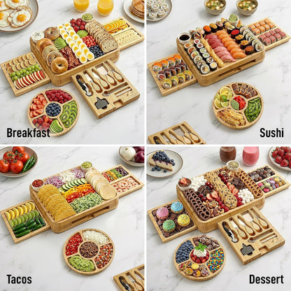 Zulay Kitchen Premium Bamboo Charcuterie Board - Extra Thick Bamboo Board with 4 Piece Knife Set - Perfect for Charcuterie, Wine and Cheese