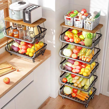 MURRI&MURRDI Fruit Vegetable Storage Basket with Wooden Lid, 6 Tier Stackable Wire Kitchen Cart with Wheels, Tall Produce Snack Racks Display, Narrow Rolling Cart for Pantry Onion Potato, Black